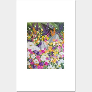 Flower and Garden, Floral Artwork, Bright Flowers Painting, Pink, Purple, White, and Orange Wild Flowers with dark background Posters and Art